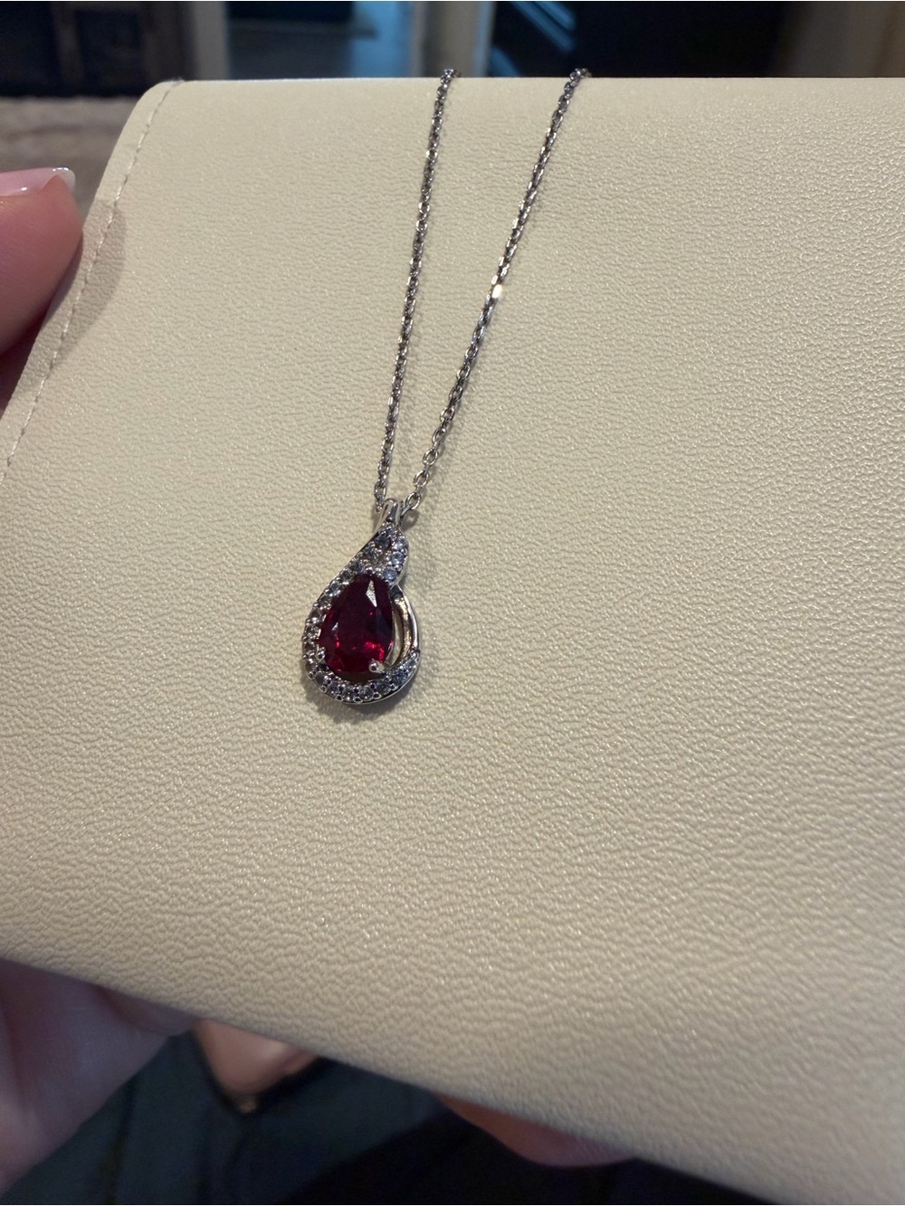 Sterling Teardrop Ruby Pendant Necklace - Red